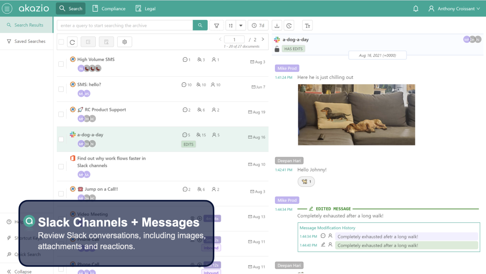 Slack channel conversation in Akazio Cloud Archive