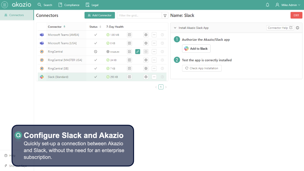 Slack connection setup demonstration Akazio Cloud Archive